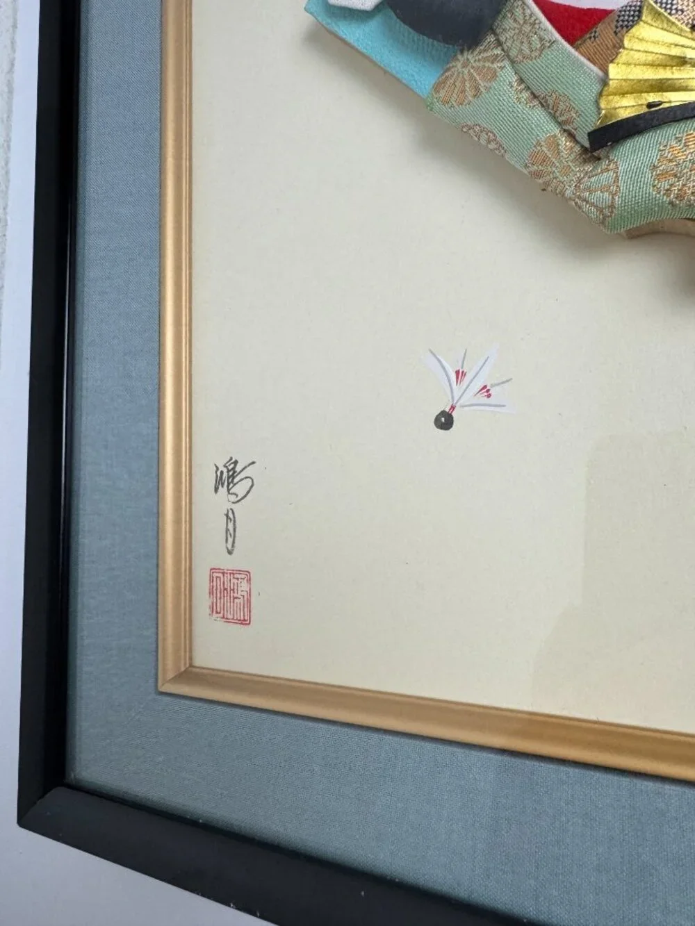 Vintage Japanese Hagoita Kabuki Wall Art Shadow Box Framed Textile Sculpture